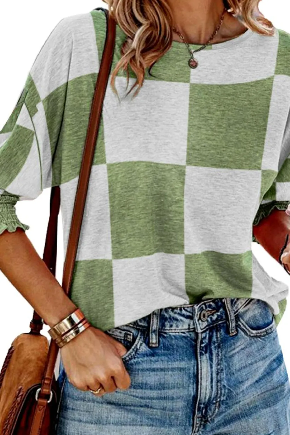 Discount Dear-Lover Mix Checkered Print Shirred Cuffs Blouse Grass Green