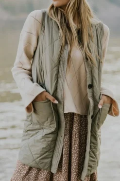 Fashion Dear-Lover Quilted Long Vest Jacket with Pockets Grass Green