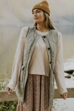 Fashion Dear-Lover Quilted Long Vest Jacket with Pockets Grass Green