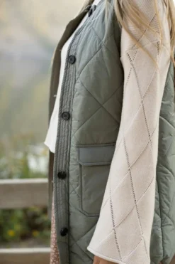 Fashion Dear-Lover Quilted Long Vest Jacket with Pockets Grass Green