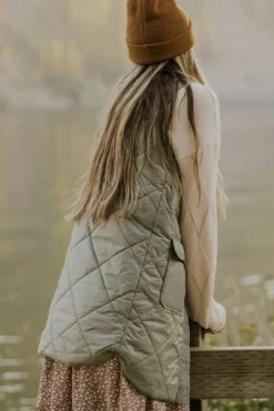 Fashion Dear-Lover Quilted Long Vest Jacket with Pockets Grass Green