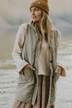 Fashion Dear-Lover Quilted Long Vest Jacket with Pockets Grass Green