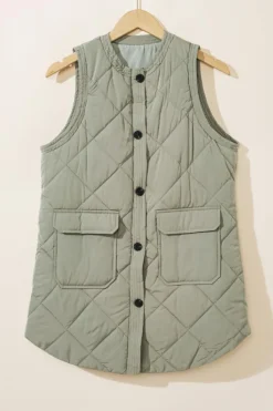 Fashion Dear-Lover Quilted Long Vest Jacket with Pockets Grass Green