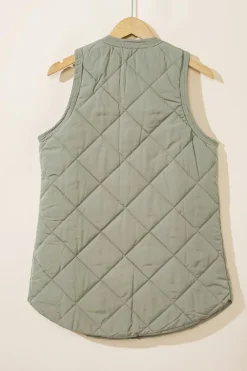 Fashion Dear-Lover Quilted Long Vest Jacket with Pockets Grass Green