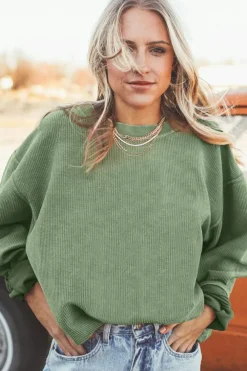 Clearance Dear-Lover Ribbed Corduroy Oversized Sweatshirt Grass Green