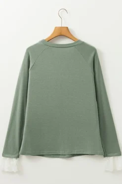 New Dear-Lover Seam Detail Lace Contrast Cuffs Raglan Sleeve Top Grass Green