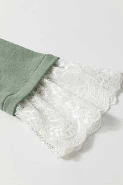 New Dear-Lover Seam Detail Lace Contrast Cuffs Raglan Sleeve Top Grass Green