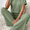 Best Dear-Lover Solid Color Ribbed Short Sleeve Wide Leg Jumpsuit Grass Green