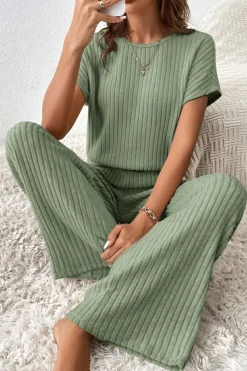 Best Dear-Lover Solid Color Ribbed Short Sleeve Wide Leg Jumpsuit Grass Green