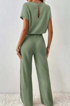 Best Dear-Lover Solid Color Ribbed Short Sleeve Wide Leg Jumpsuit Grass Green