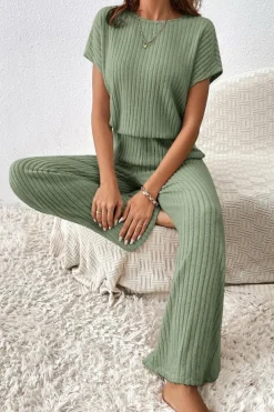 Best Dear-Lover Solid Color Ribbed Short Sleeve Wide Leg Jumpsuit Grass Green