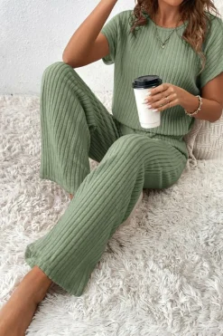 Best Dear-Lover Solid Color Ribbed Short Sleeve Wide Leg Jumpsuit Grass Green