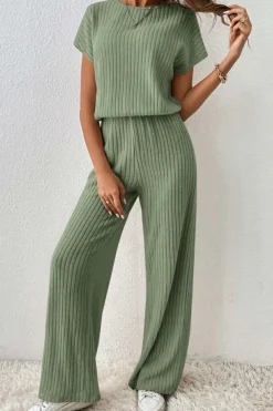 Best Dear-Lover Solid Color Ribbed Short Sleeve Wide Leg Jumpsuit Grass Green