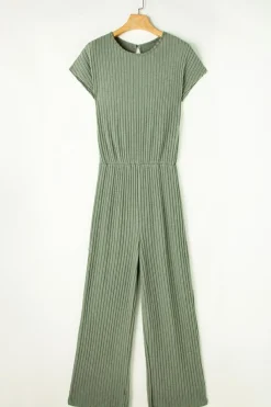 Best Dear-Lover Solid Color Ribbed Short Sleeve Wide Leg Jumpsuit Grass Green