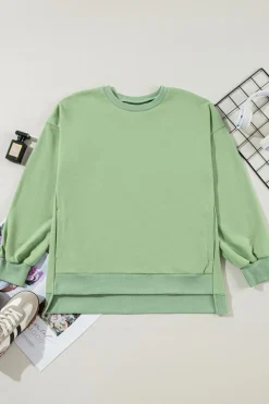 Discount Dear-Lover Solid Fleece Lined Drop Shoulder High Low Sweatshirt Grass Green