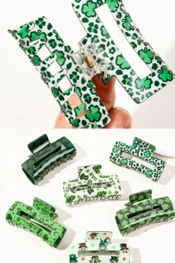 Outlet Dear-Lover St Patricks Clover Print Hollow Out Square Hair Clip Grass Green