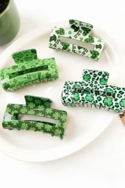 Outlet Dear-Lover St Patricks Clover Print Hollow Out Square Hair Clip Grass Green