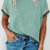 Fashion Dear-Lover Textured Contrast Trim Round Neck T Shirt Grass Green