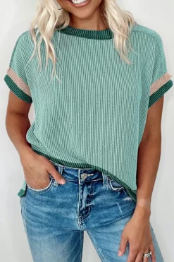 Fashion Dear-Lover Textured Contrast Trim Round Neck T Shirt Grass Green