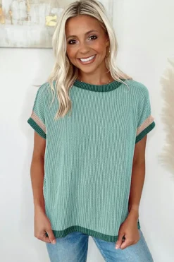 Fashion Dear-Lover Textured Contrast Trim Round Neck T Shirt Grass Green