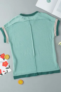 Fashion Dear-Lover Textured Contrast Trim Round Neck T Shirt Grass Green