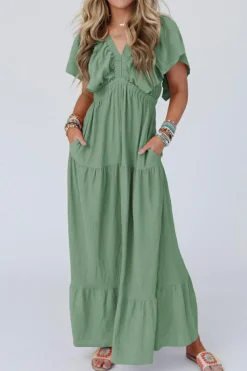 Best Dear-Lover Textured V Neck Flutter Sleeve Ruffled Maxi Dress Grass Green