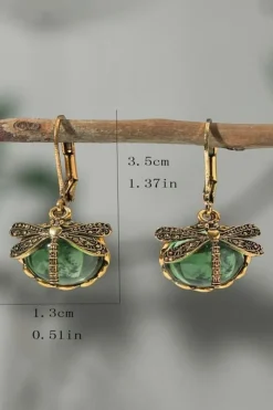 Sale Dear-Lover Vintage Dragonfly Crystal Pendant Earrings Grass Green