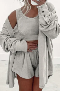 Best Dear-Lover 3 Pcs Crop Tank Top Shorts with Cardigan Lounge Set Gray