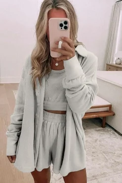 Best Dear-Lover 3 Pcs Crop Tank Top Shorts with Cardigan Lounge Set Gray