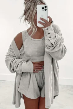 Best Dear-Lover 3 Pcs Crop Tank Top Shorts with Cardigan Lounge Set Gray