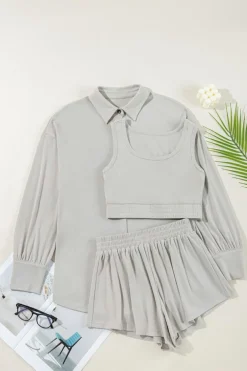Best Dear-Lover 3 Pcs Crop Tank Top Shorts with Cardigan Lounge Set Gray