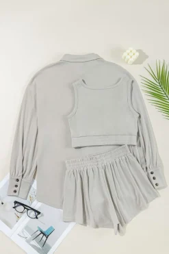 Best Dear-Lover 3 Pcs Crop Tank Top Shorts with Cardigan Lounge Set Gray