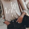 Discount Dear-Lover American Flag Print Loose Fit 3/4 Sleeve Top Gray