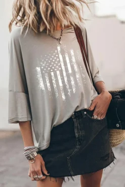Discount Dear-Lover American Flag Print Loose Fit 3/4 Sleeve Top Gray
