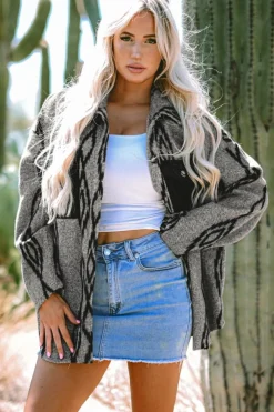 Best Dear-Lover Aztec Contrast Chest Pockets Loose Shacket Gray