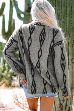 Best Dear-Lover Aztec Contrast Chest Pockets Loose Shacket Gray