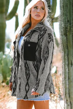 Best Dear-Lover Aztec Contrast Chest Pockets Loose Shacket Gray