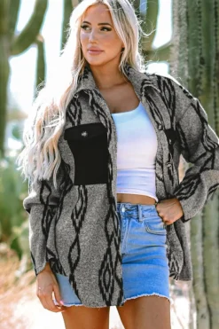 Best Dear-Lover Aztec Contrast Chest Pockets Loose Shacket Gray