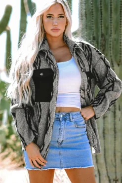 Best Dear-Lover Aztec Contrast Chest Pockets Loose Shacket Gray