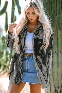 Best Dear-Lover Aztec Contrast Chest Pockets Loose Shacket Gray