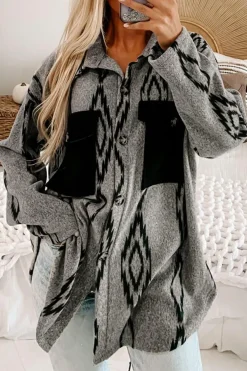 Best Dear-Lover Aztec Contrast Chest Pockets Loose Shacket Gray