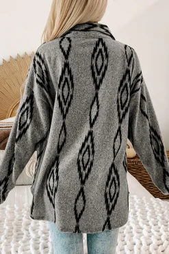 Best Dear-Lover Aztec Contrast Chest Pockets Loose Shacket Gray