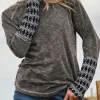 Online Dear-Lover Aztec Patchwork Ribbed Long Sleeve Top Gray