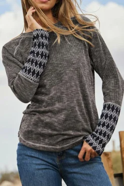 Online Dear-Lover Aztec Patchwork Ribbed Long Sleeve Top Gray