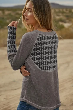 Online Dear-Lover Aztec Patchwork Ribbed Long Sleeve Top Gray