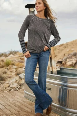 Online Dear-Lover Aztec Patchwork Ribbed Long Sleeve Top Gray