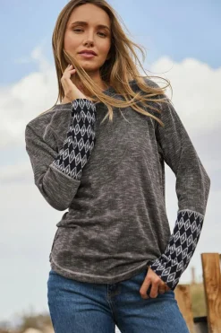 Online Dear-Lover Aztec Patchwork Ribbed Long Sleeve Top Gray
