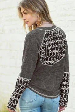 Online Dear-Lover Aztec Patchwork Ribbed Long Sleeve Top Gray