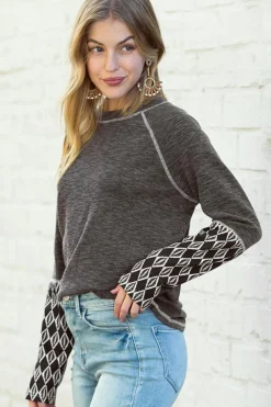 Online Dear-Lover Aztec Patchwork Ribbed Long Sleeve Top Gray