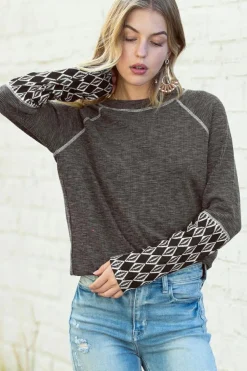 Online Dear-Lover Aztec Patchwork Ribbed Long Sleeve Top Gray